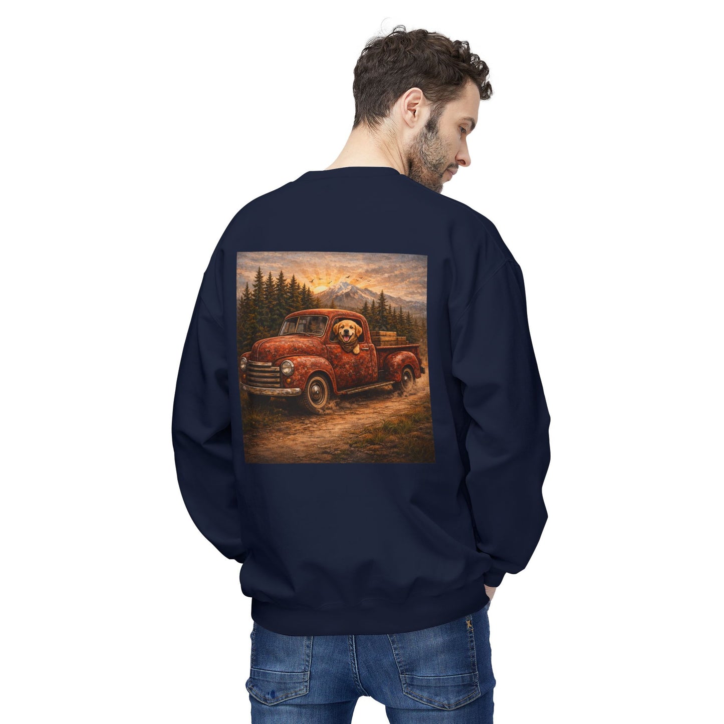 Rustic Dog Truck Front Text Back Art Sweatshirt | Eco - Limited