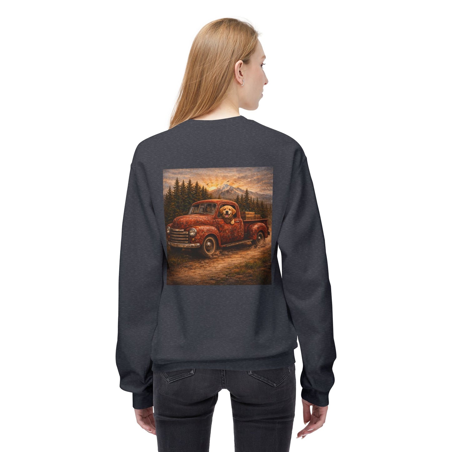 Rustic Dog Truck Front Text Back Art Sweatshirt | Eco - Limited