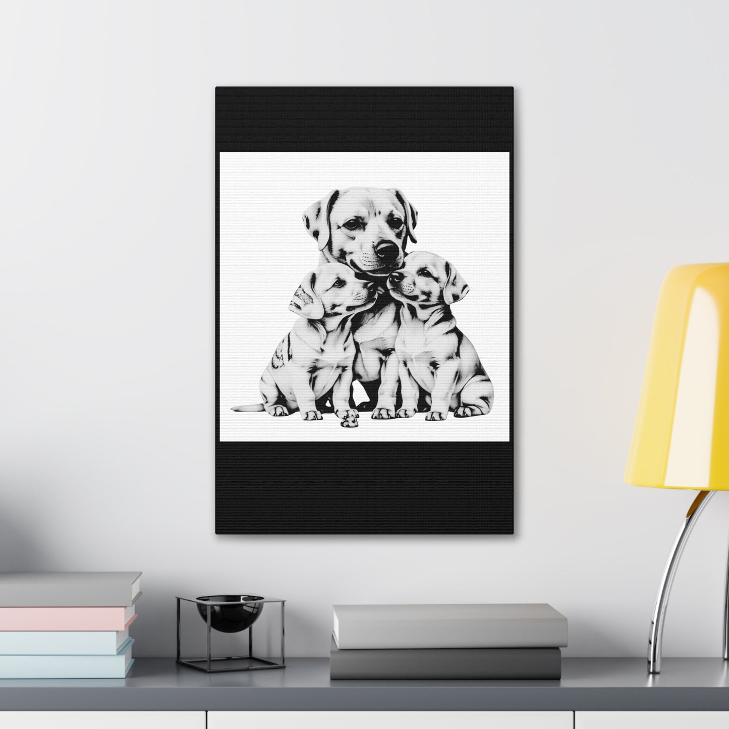Mother and Puppies Black and White Canvas Wall Art | Eco Limited