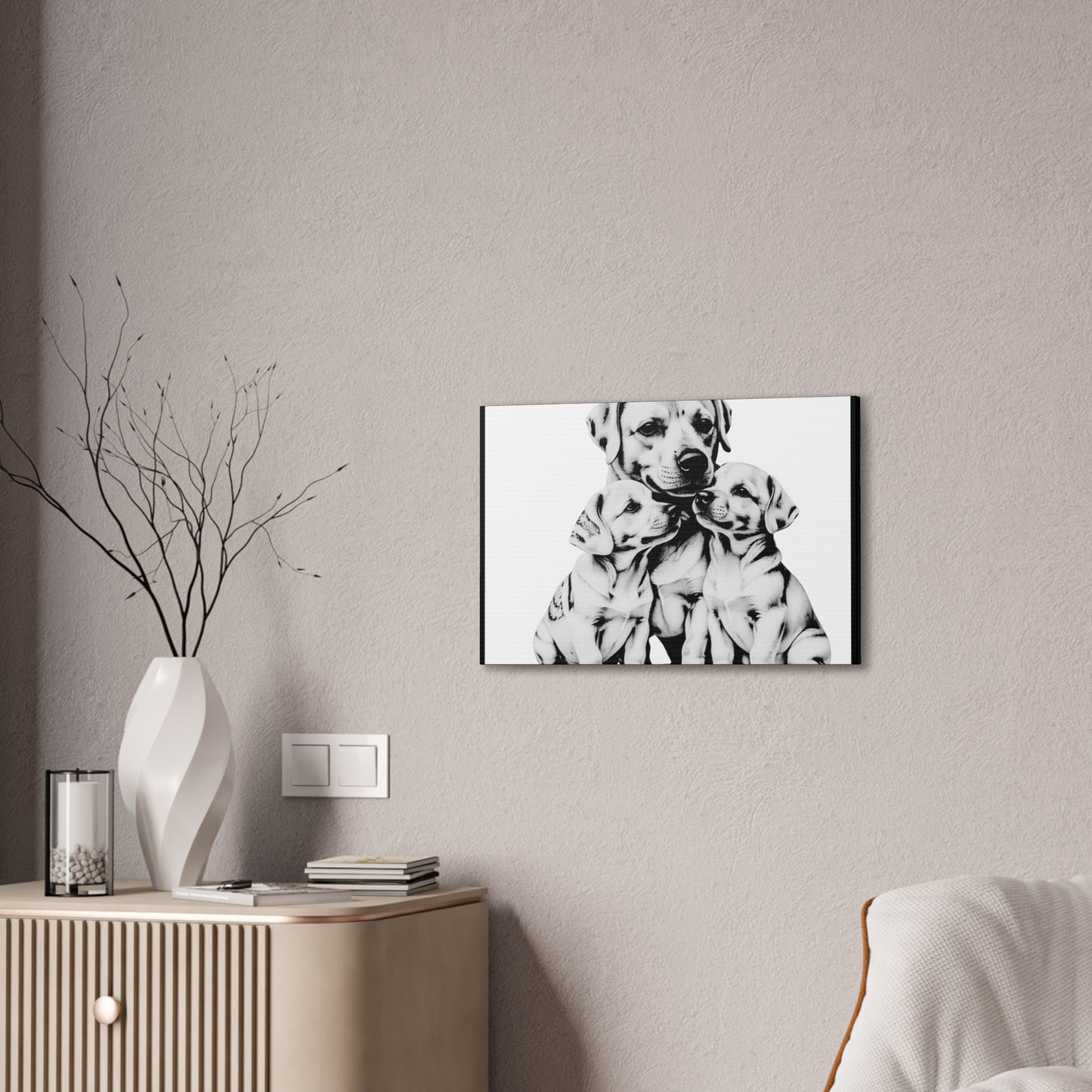 Mother and Puppies Black and White Canvas Wall Art | Eco Limited