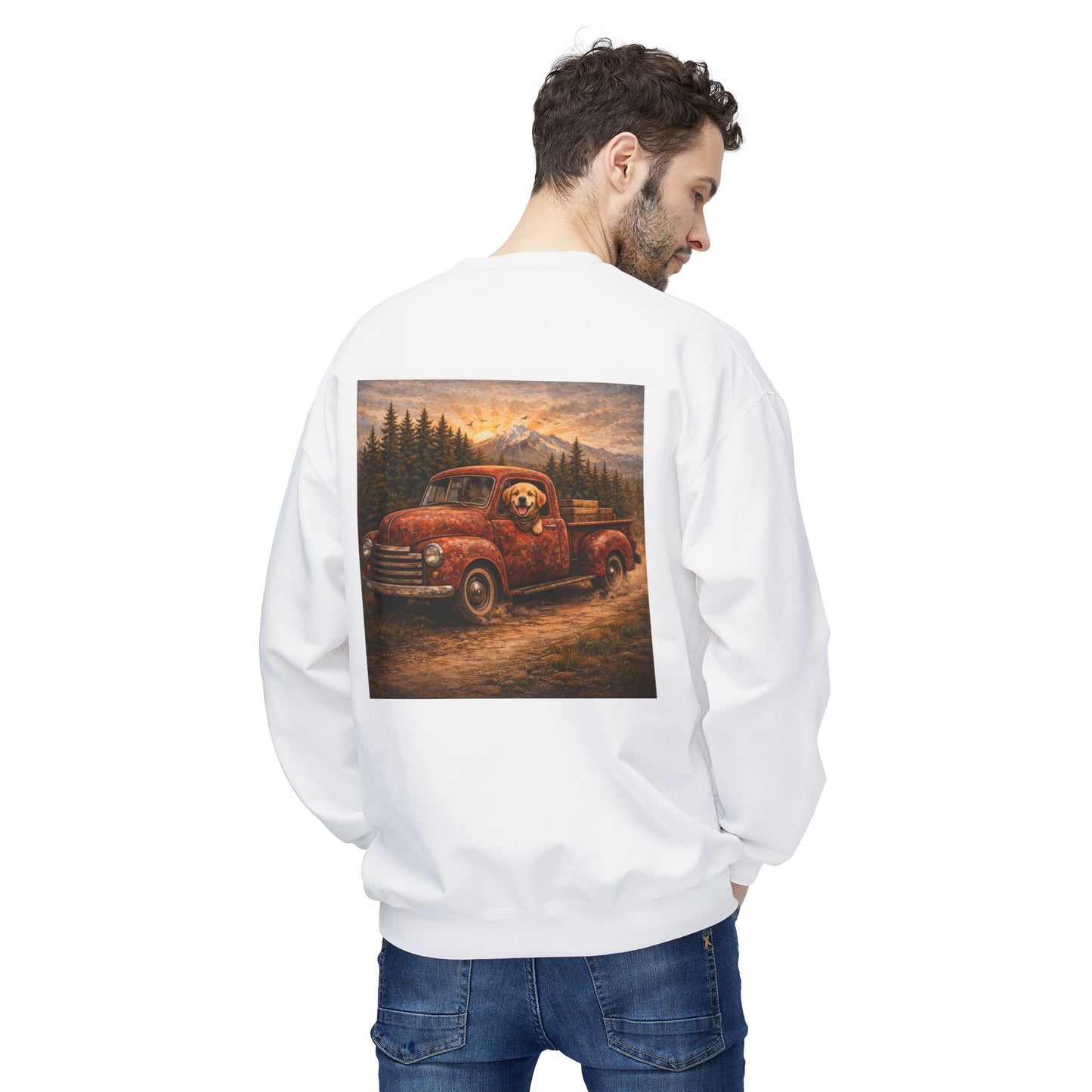 Rustic Dog Truck Front Text Back Art Sweatshirt | Eco - Limited