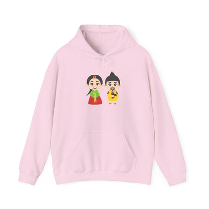 Festive Couple Cartoon Hoodie – Colorful Celebration Style
