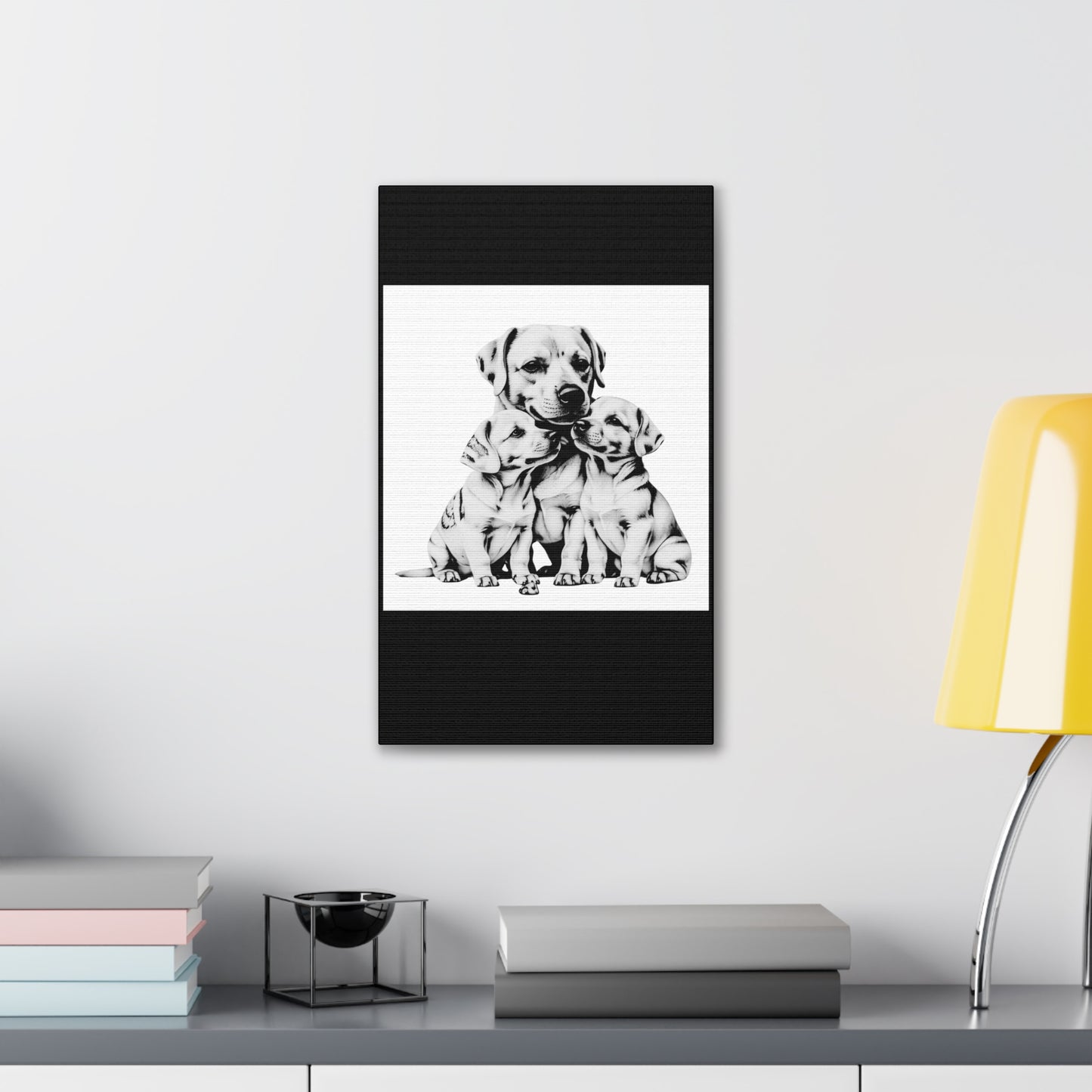 Mother and Puppies Black and White Canvas Wall Art | Eco Limited