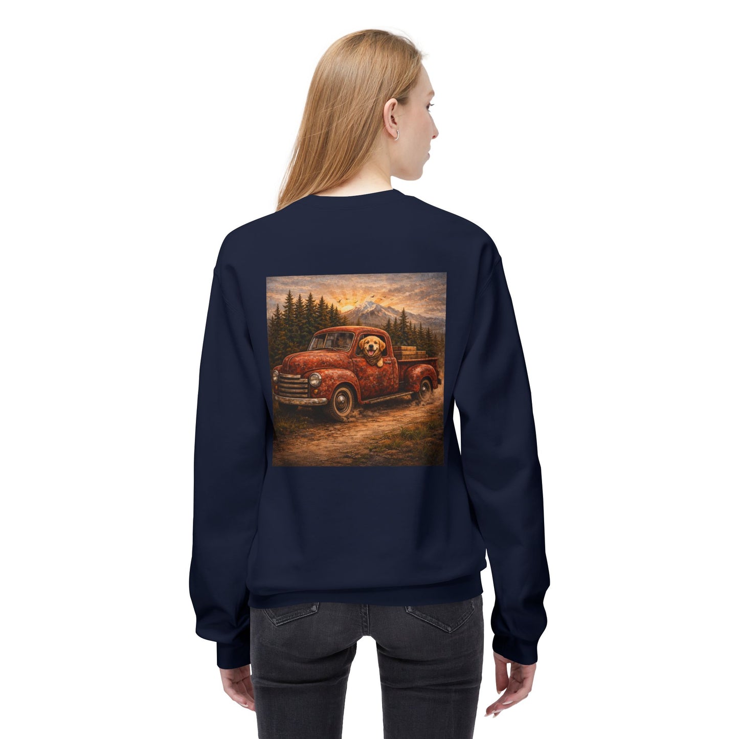 Rustic Dog Truck Front Text Back Art Sweatshirt | Eco - Limited
