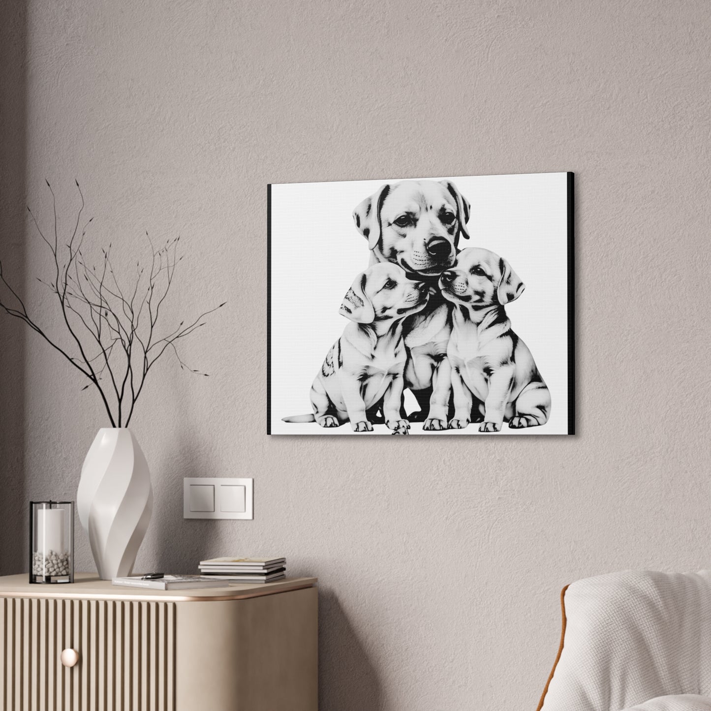 Mother and Puppies Black and White Canvas Wall Art | Eco Limited