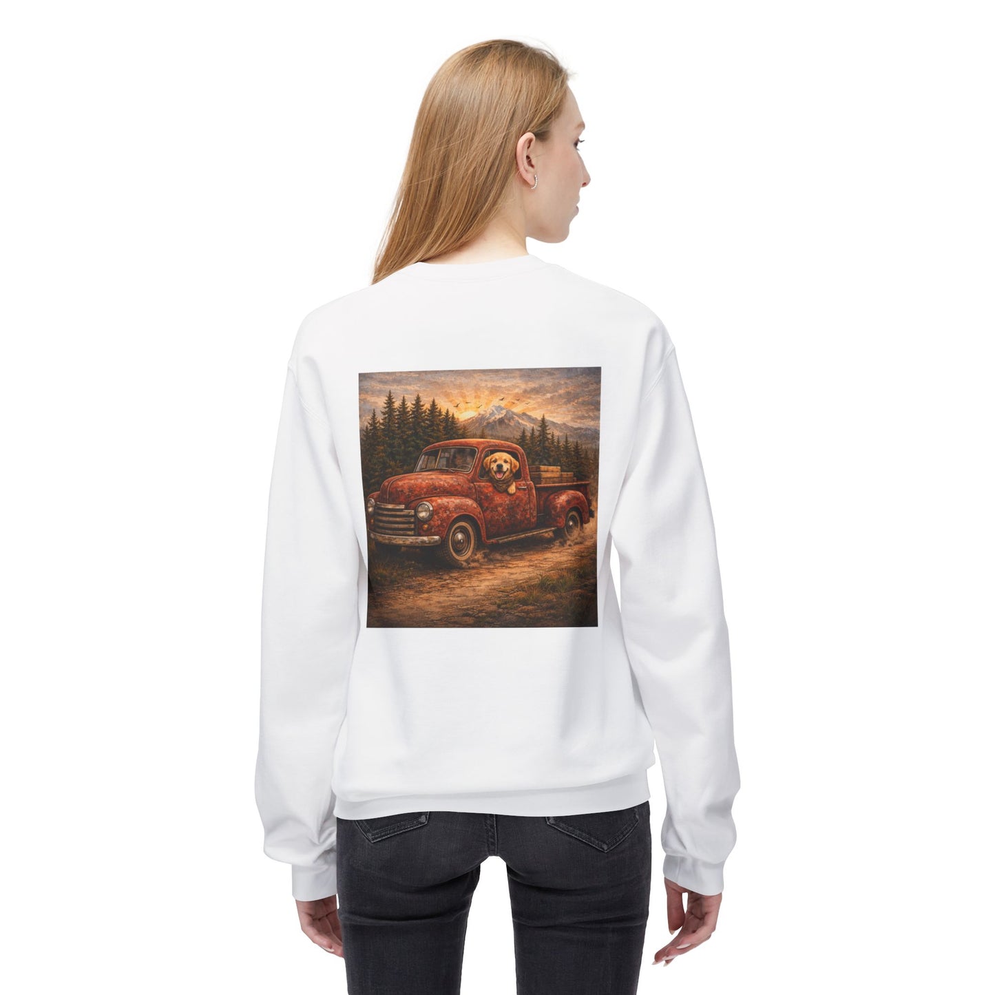 Rustic Dog Truck Front Text Back Art Sweatshirt | Eco - Limited