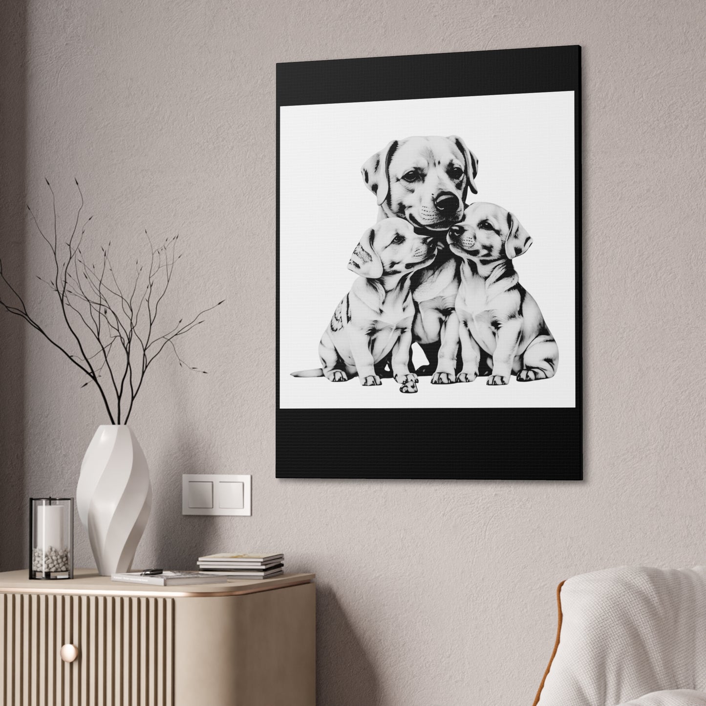 Mother and Puppies Black and White Canvas Wall Art | Eco Limited