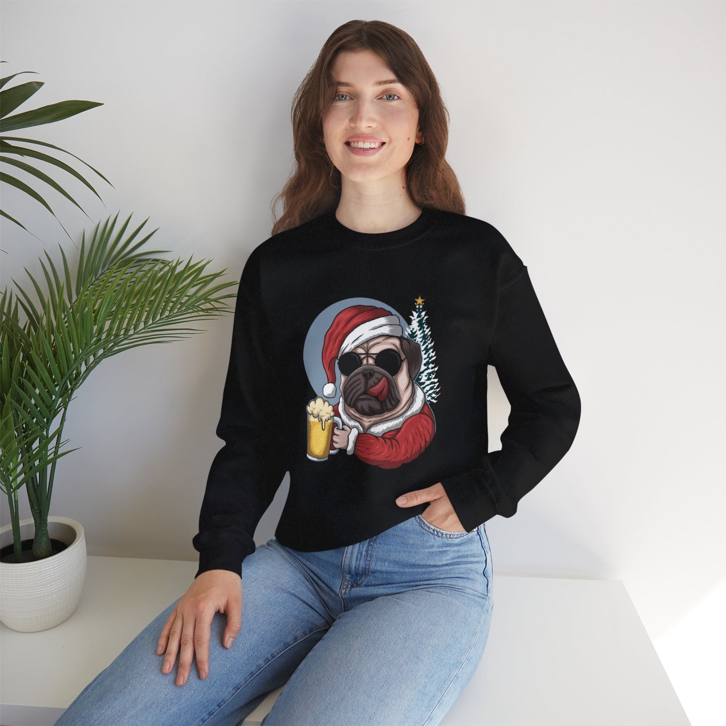 Santa Pug Holding Beer Holiday Crewneck|Eco-Friendly - Limited