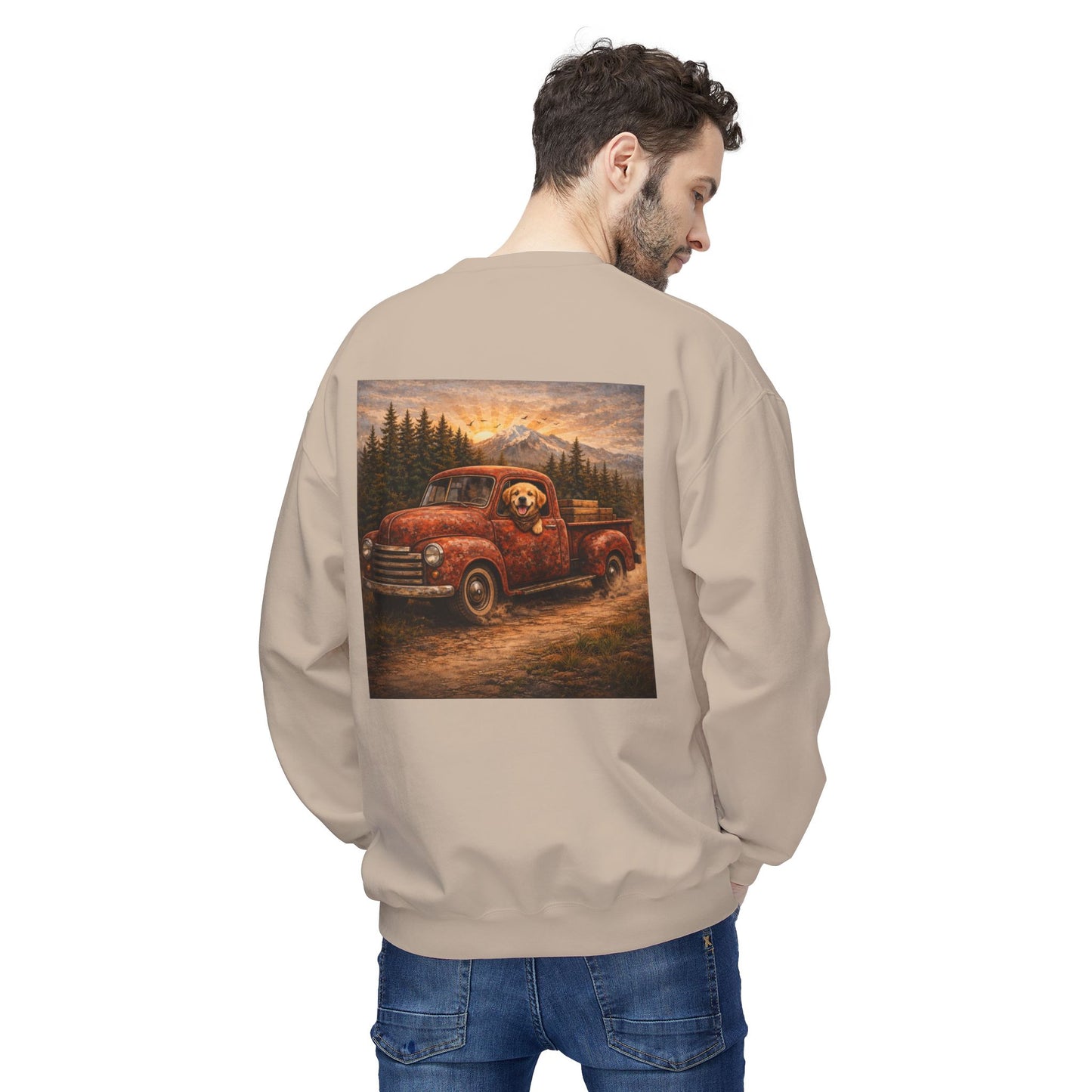 Rustic Dog Truck Front Text Back Art Sweatshirt | Eco - Limited