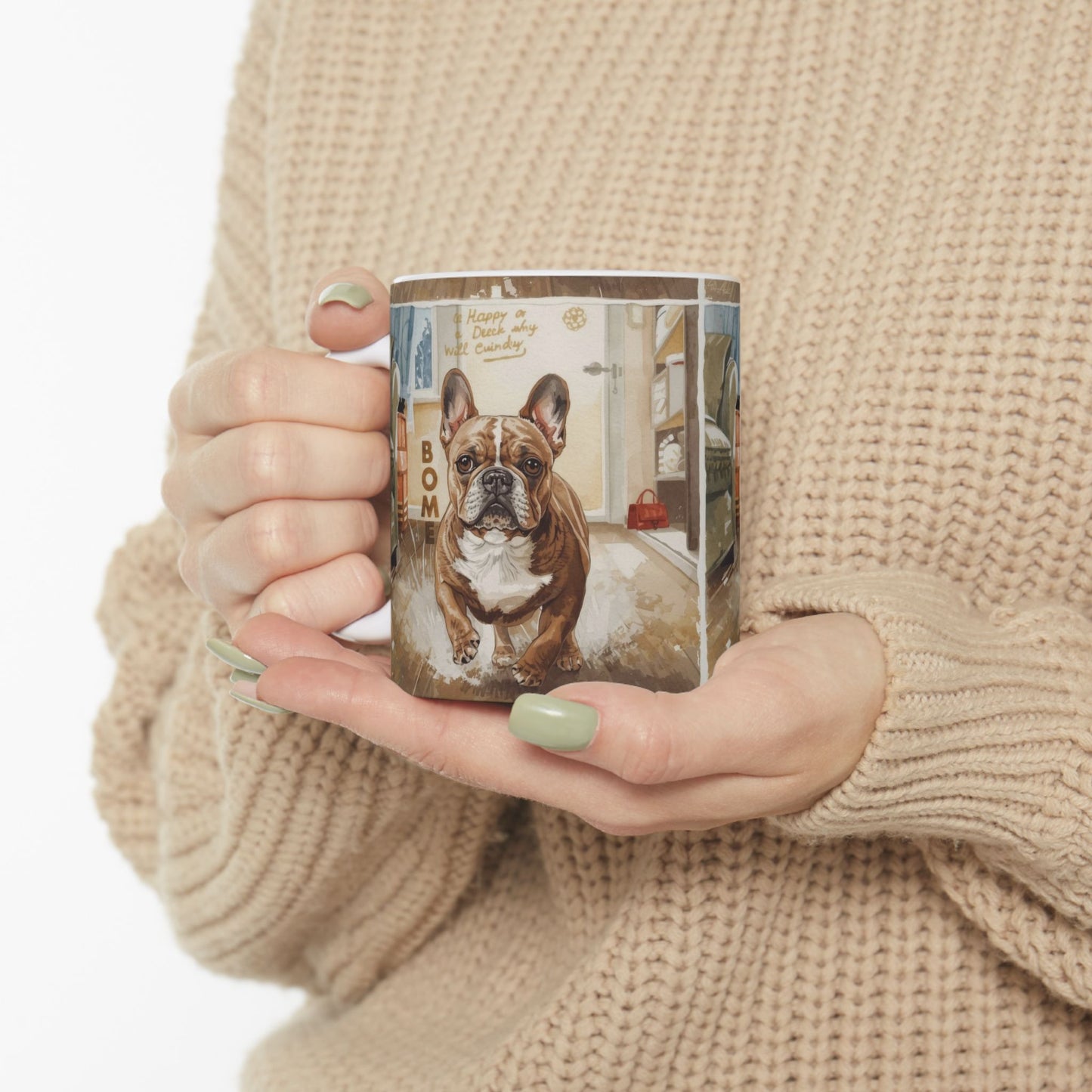 French Bulldog Home Scene Ceramic Mug — Cute Dog Illustration Coffee Cup (11oz/15oz)