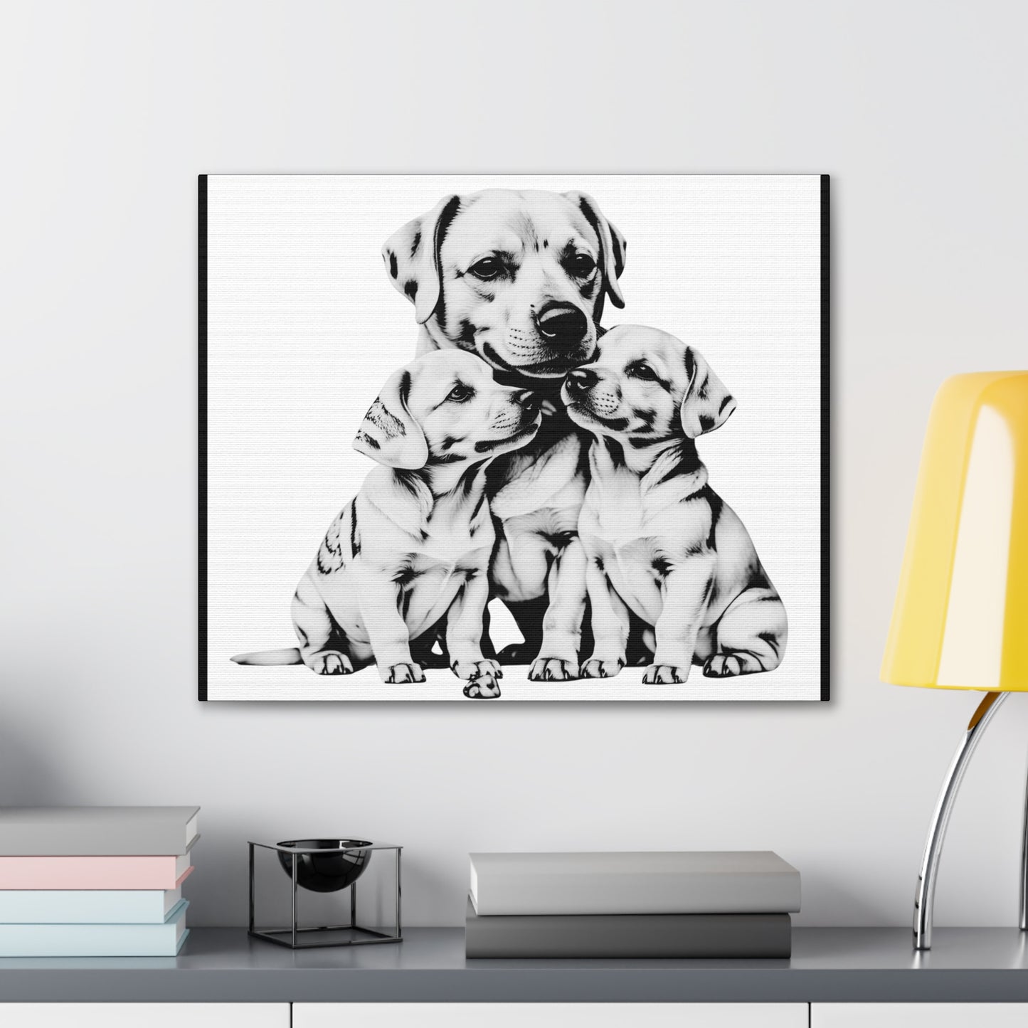 Mother and Puppies Black and White Canvas Wall Art | Eco Limited