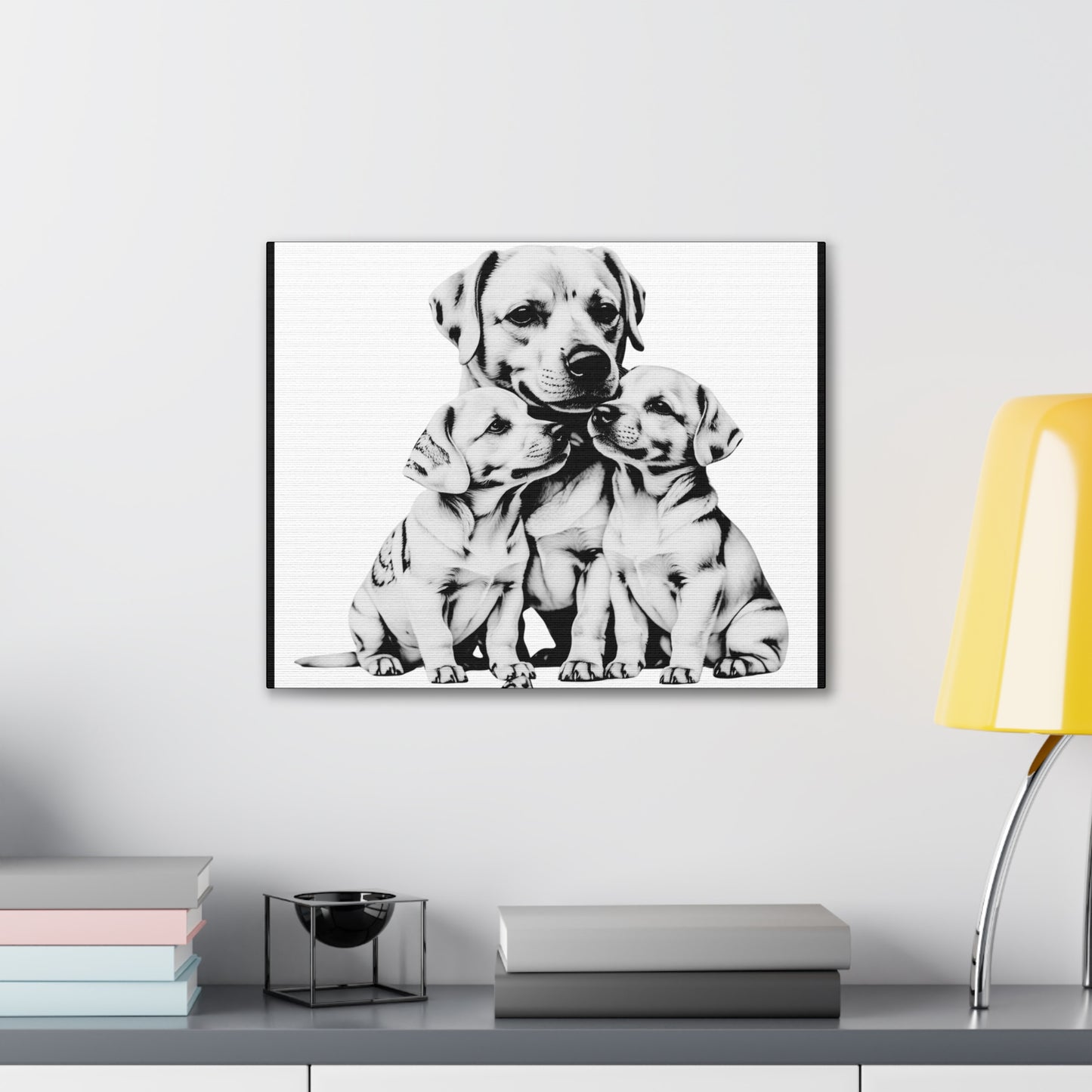 Mother and Puppies Black and White Canvas Wall Art | Eco Limited