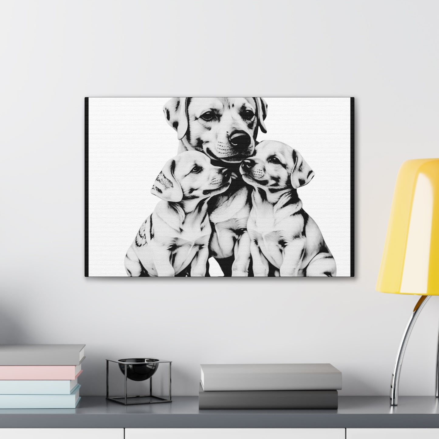 Mother and Puppies Black and White Canvas Wall Art | Eco Limited