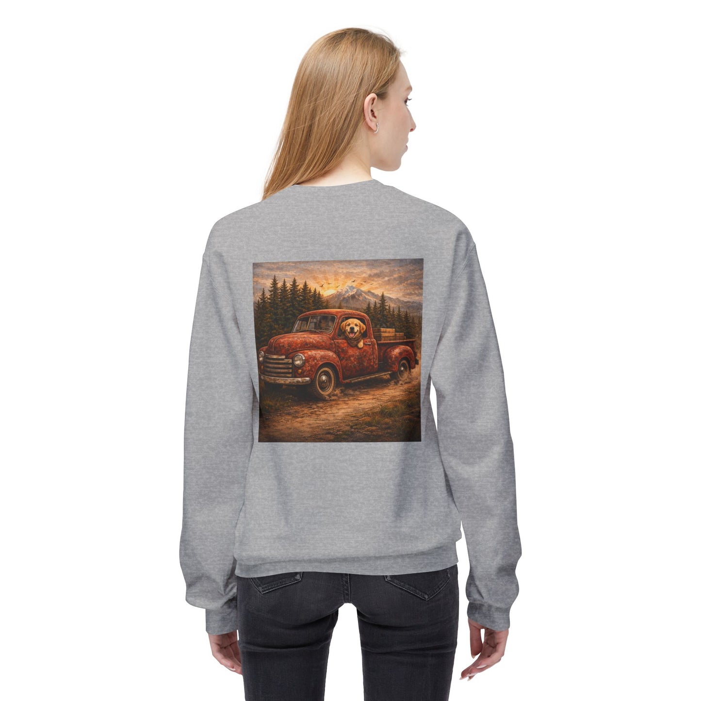 Rustic Dog Truck Front Text Back Art Sweatshirt | Eco - Limited