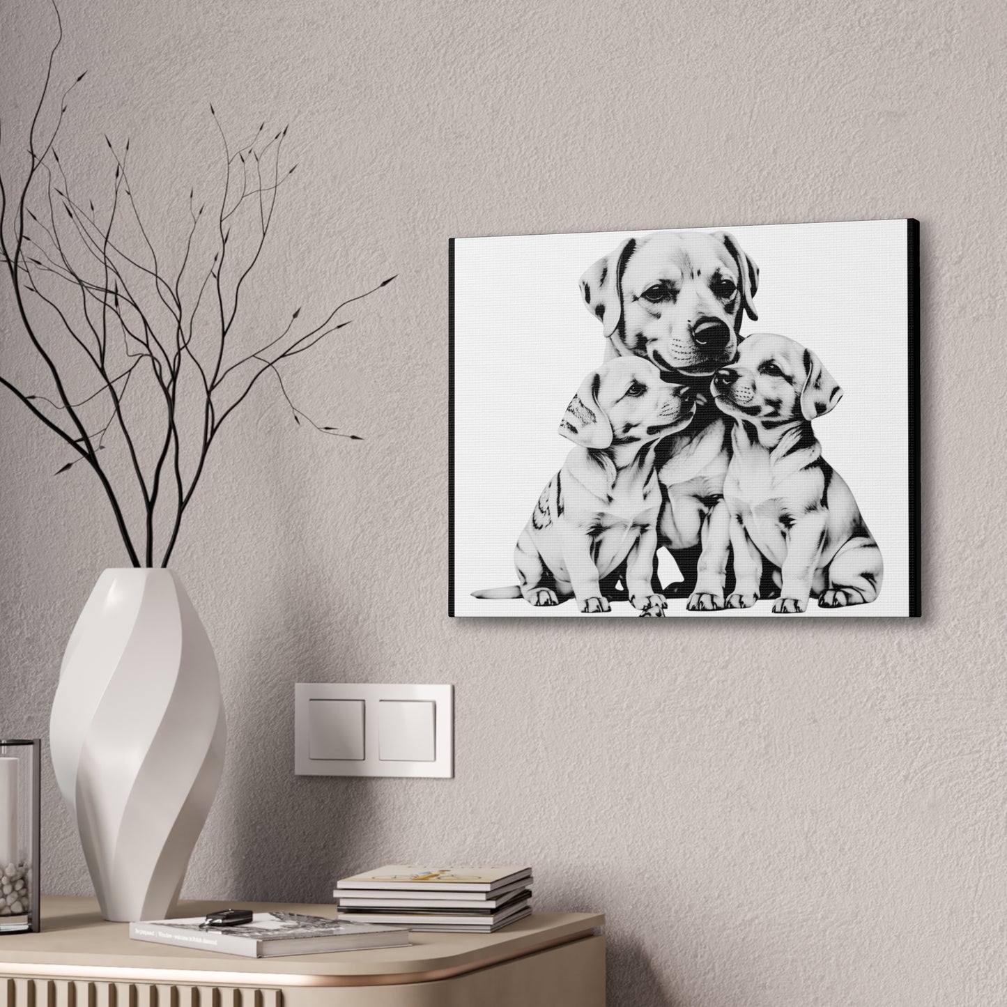Mother and Puppies Black and White Canvas Wall Art | Eco Limited