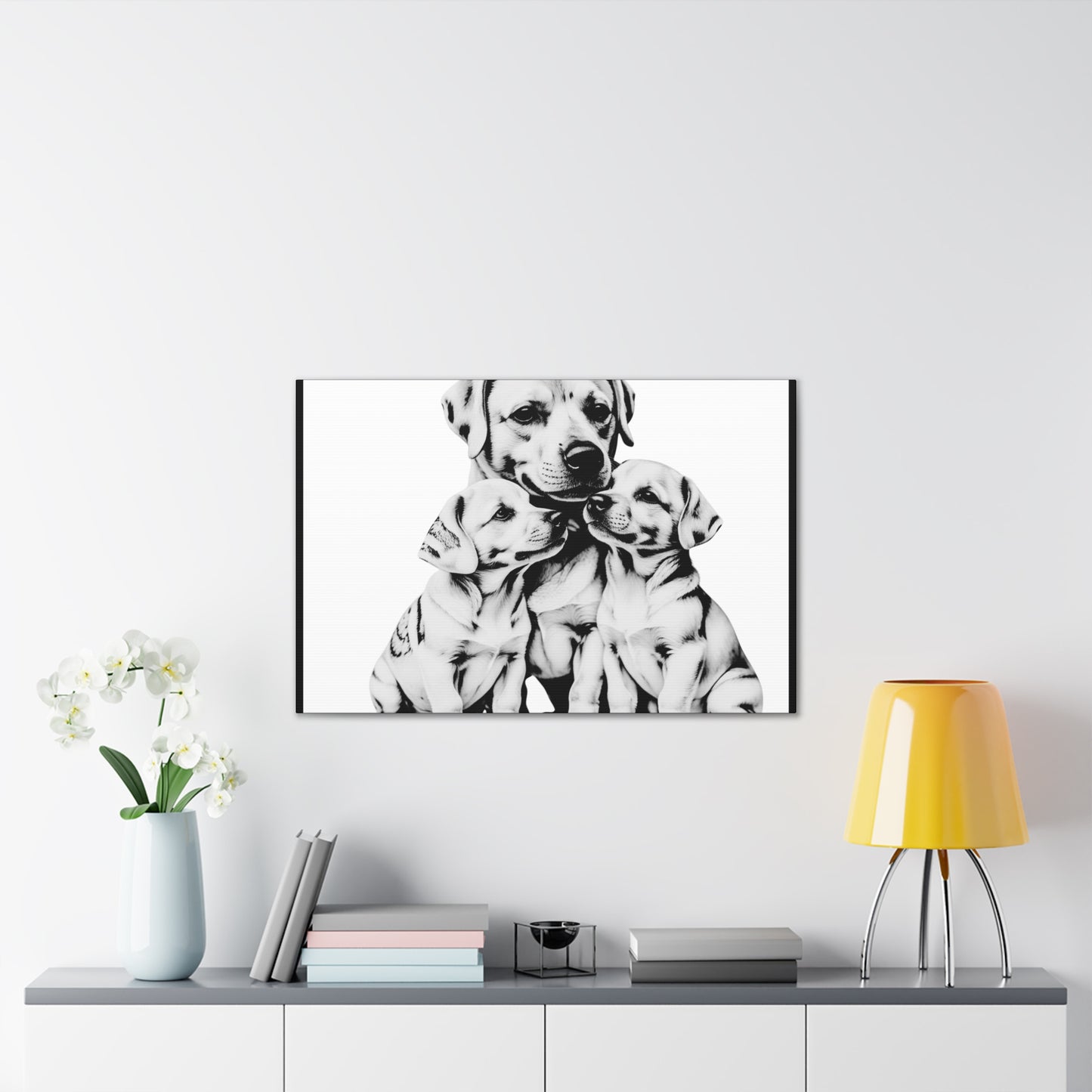Mother and Puppies Black and White Canvas Wall Art | Eco Limited