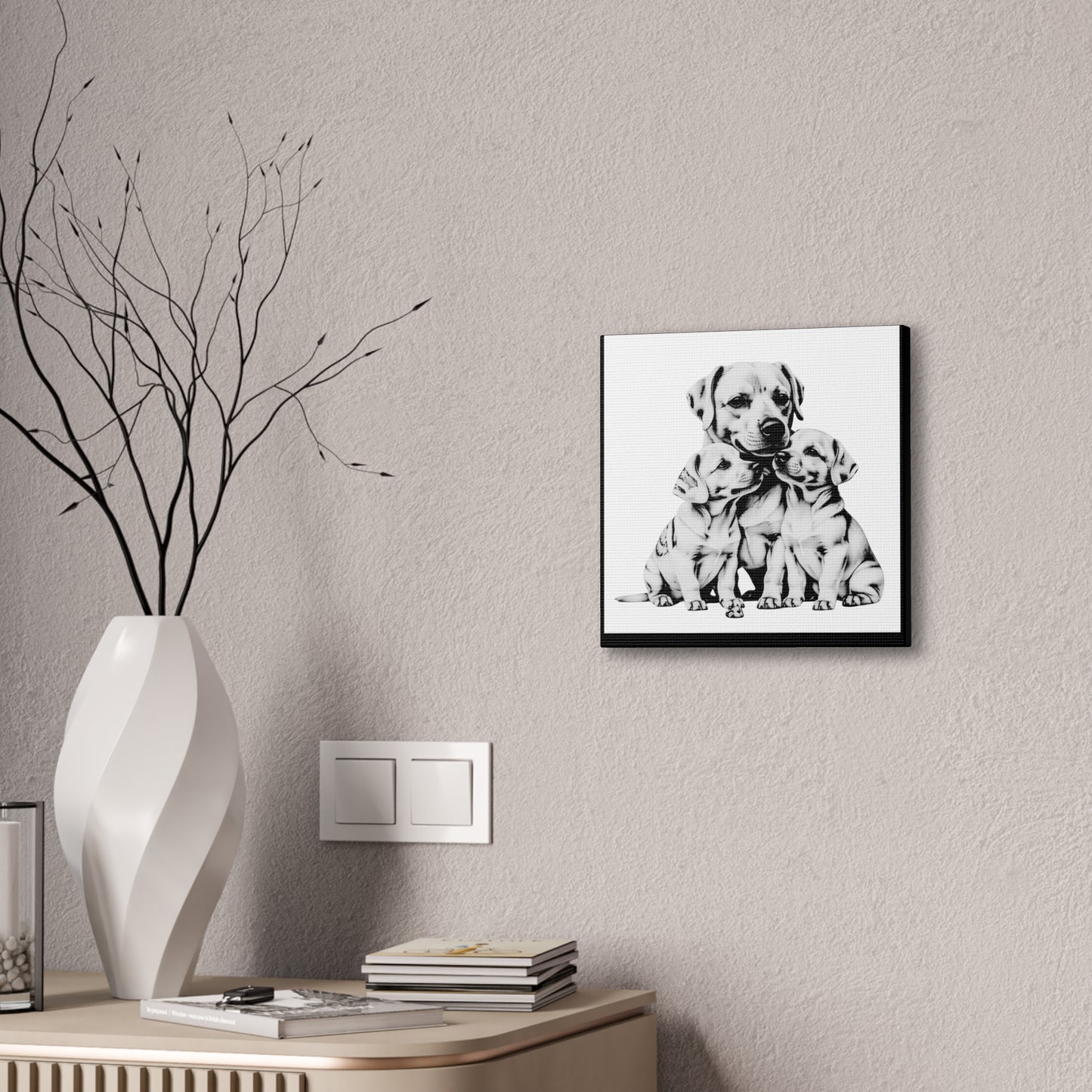Mother and Puppies Black and White Canvas Wall Art | Eco Limited