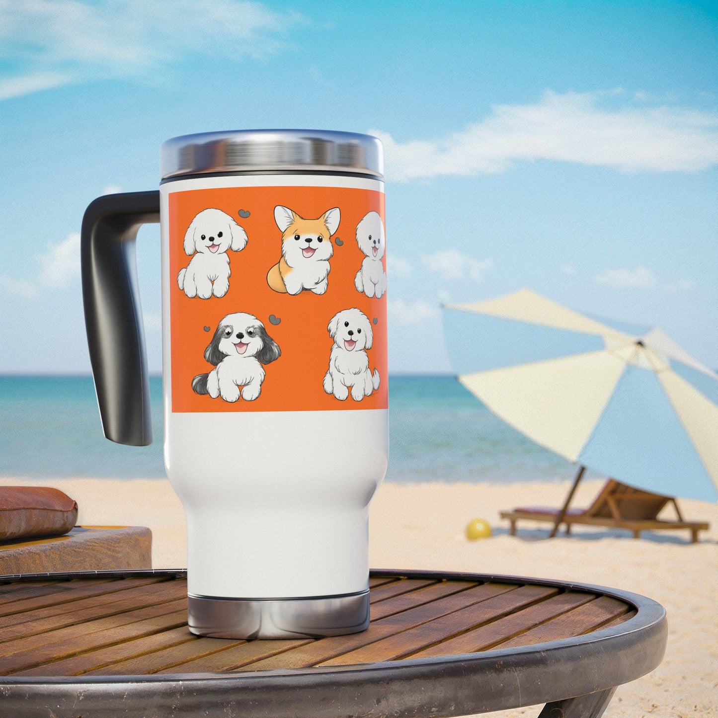 Cute Puppies Orange Pattern 14oz Stainless Travel Mug with Handle