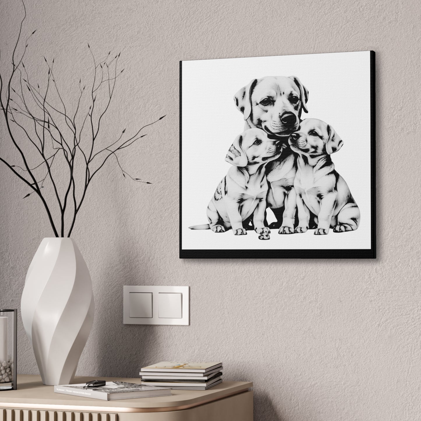 Mother and Puppies Black and White Canvas Wall Art | Eco Limited