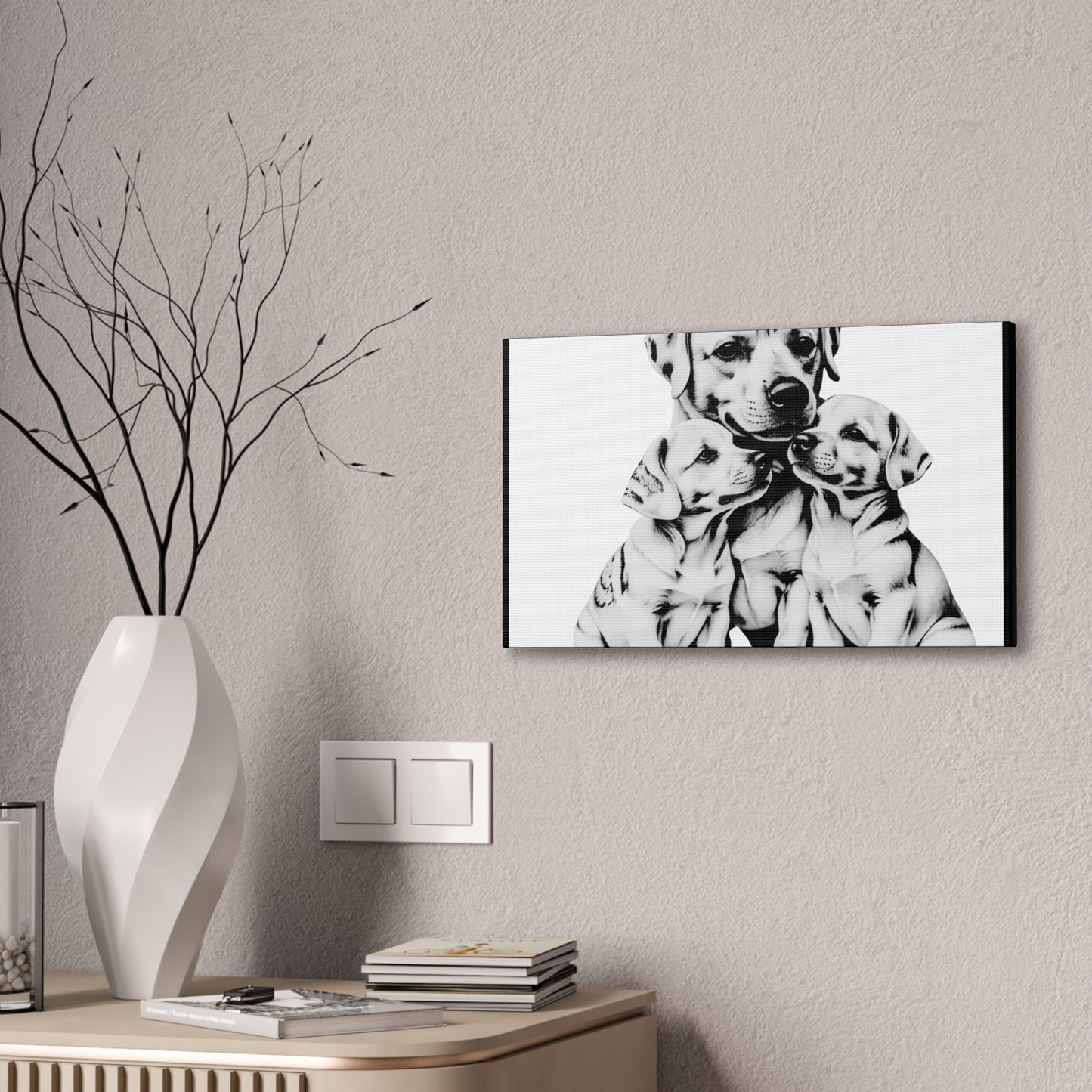 Mother and Puppies Black and White Canvas Wall Art | Eco Limited