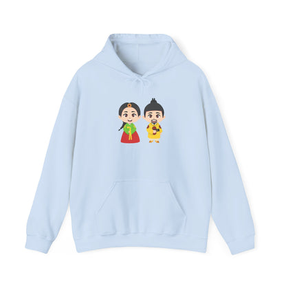 Festive Couple Cartoon Hoodie – Colorful Celebration Style