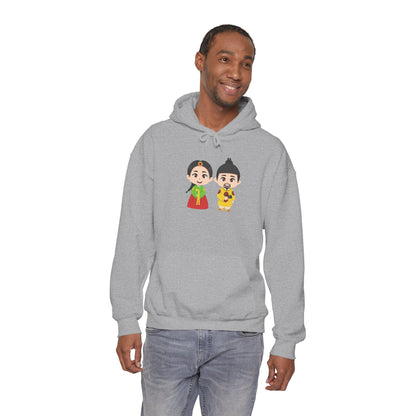 Festive Couple Cartoon Hoodie – Colorful Celebration Style