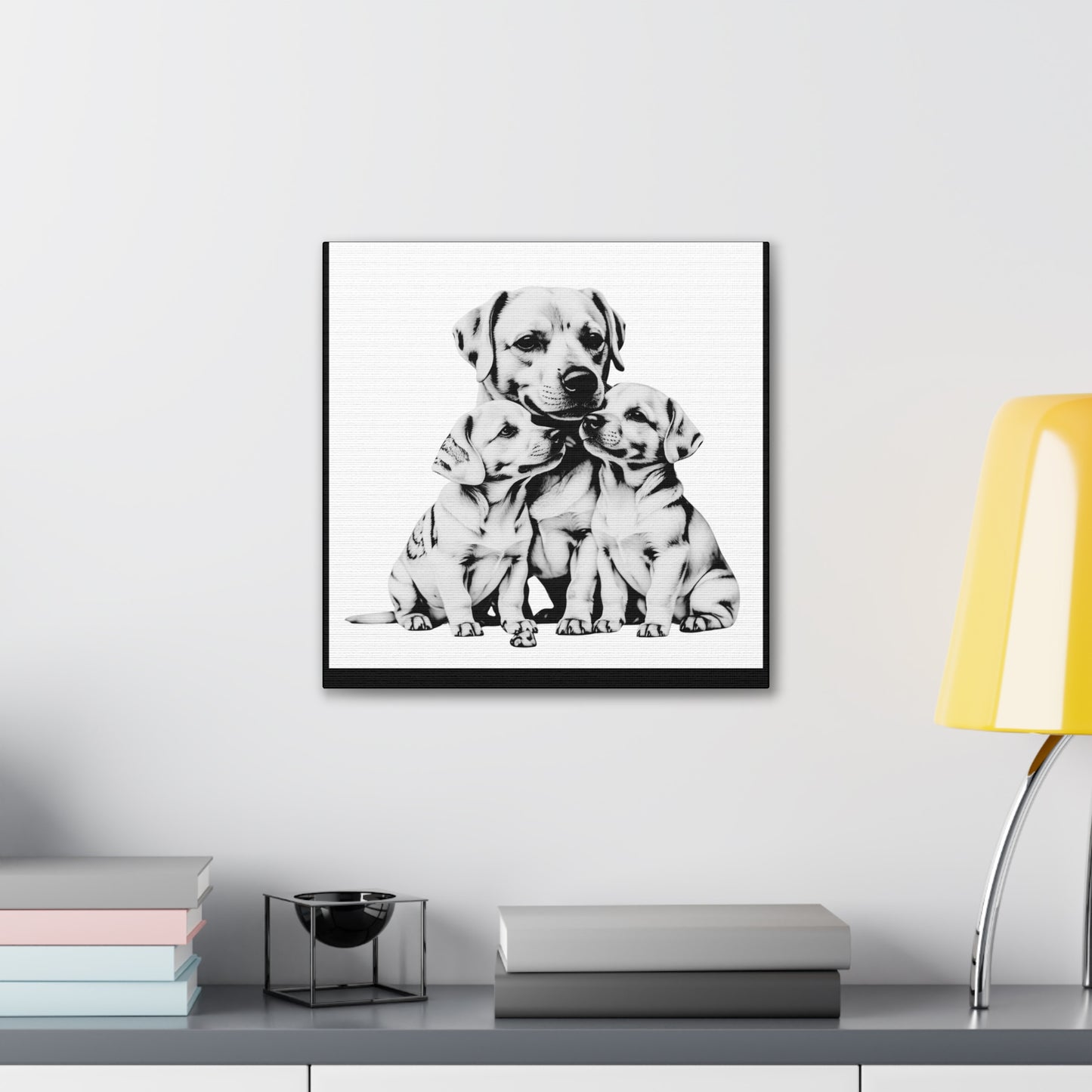 Mother and Puppies Black and White Canvas Wall Art | Eco Limited