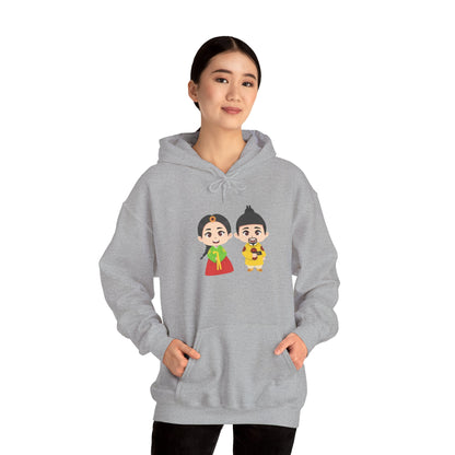 Festive Couple Cartoon Hoodie – Colorful Celebration Style