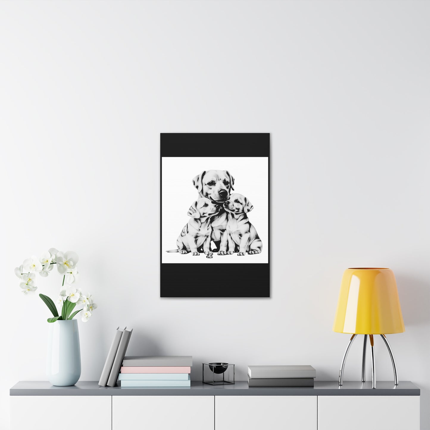Mother and Puppies Black and White Canvas Wall Art | Eco Limited