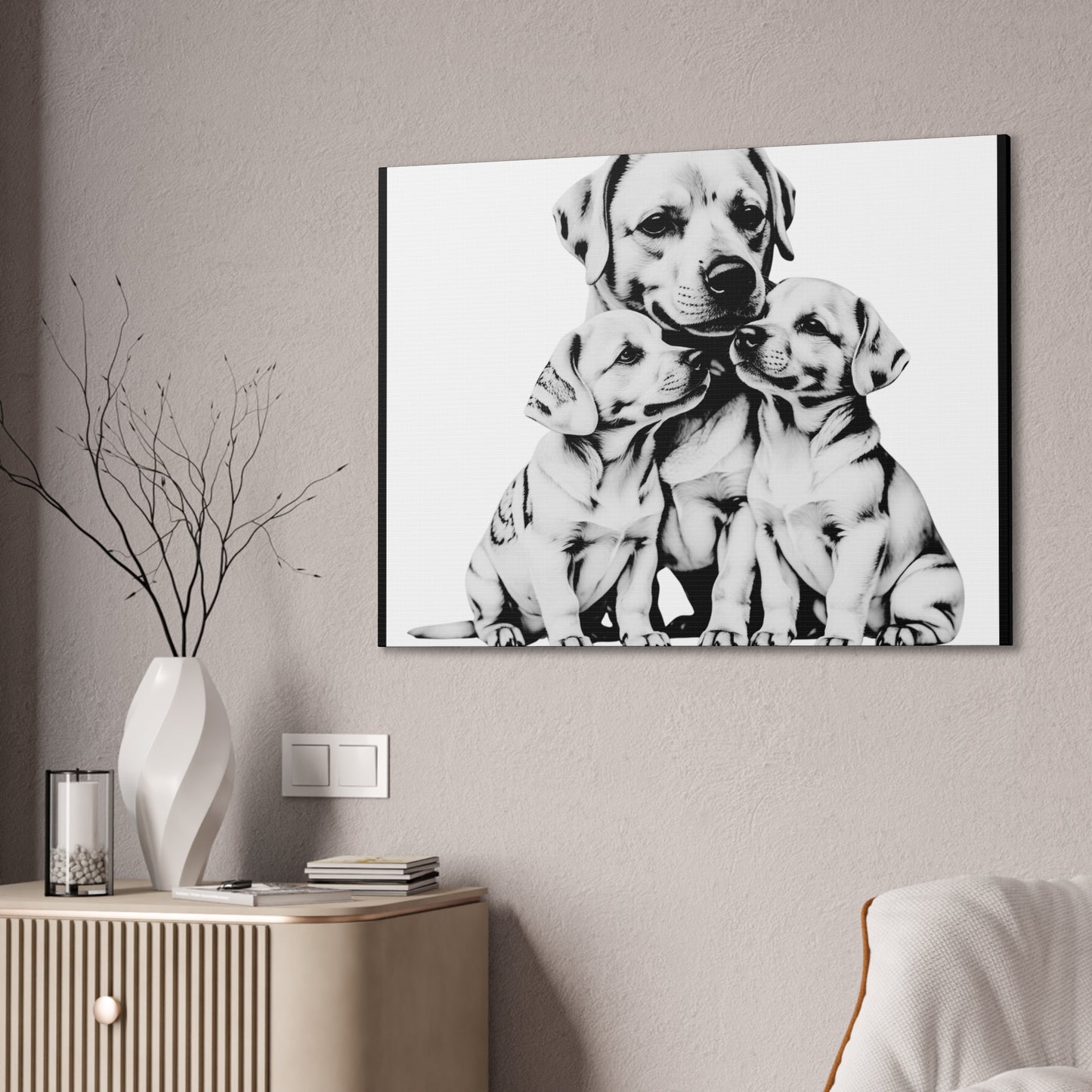 Mother and Puppies Black and White Canvas Wall Art | Eco Limited