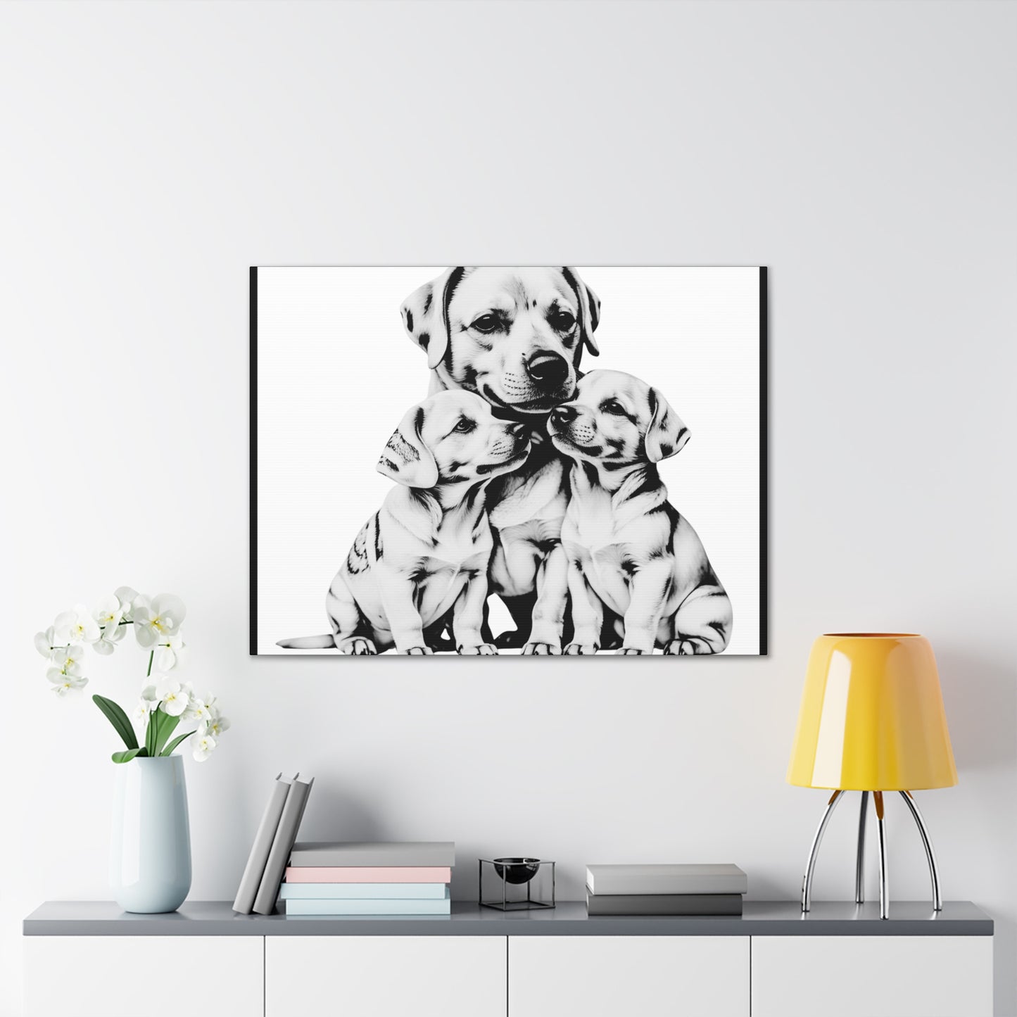 Mother and Puppies Black and White Canvas Wall Art | Eco Limited