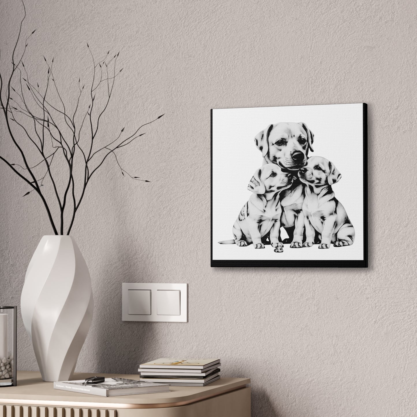 Mother and Puppies Black and White Canvas Wall Art | Eco Limited