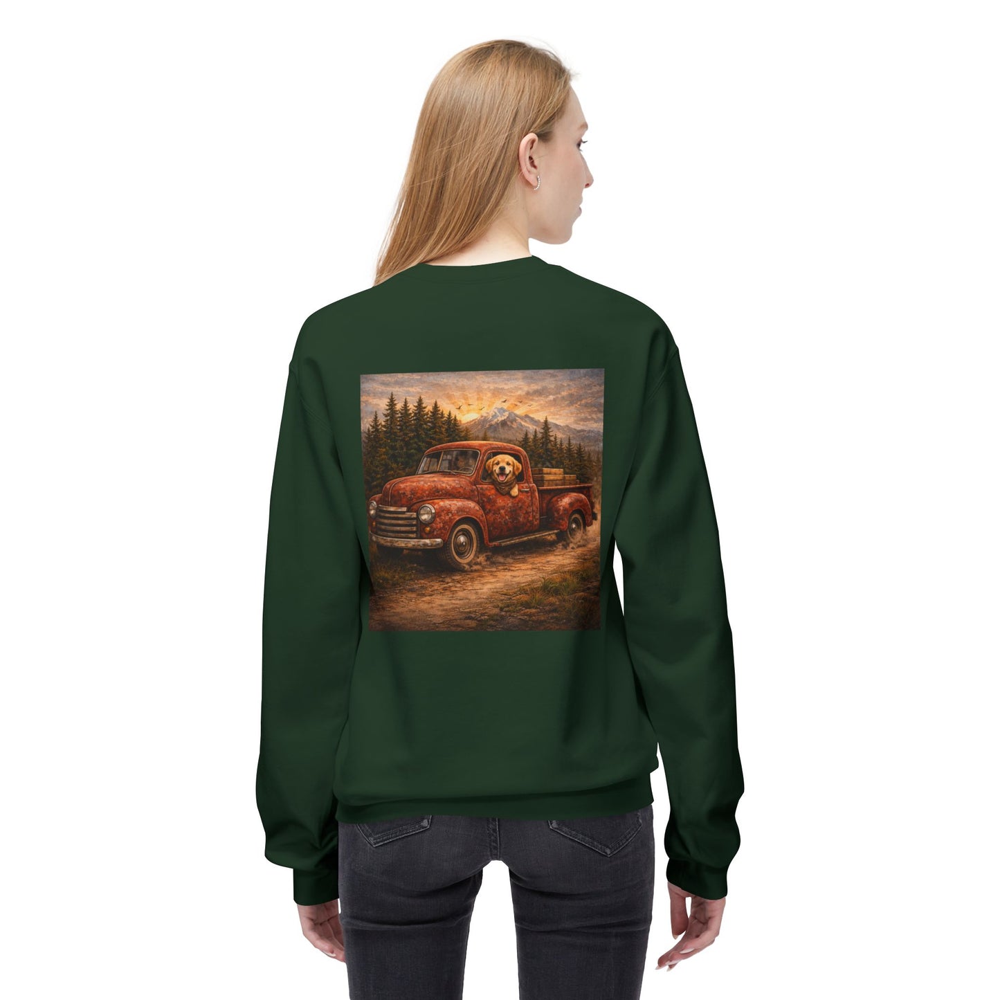 Rustic Dog Truck Front Text Back Art Sweatshirt | Eco - Limited
