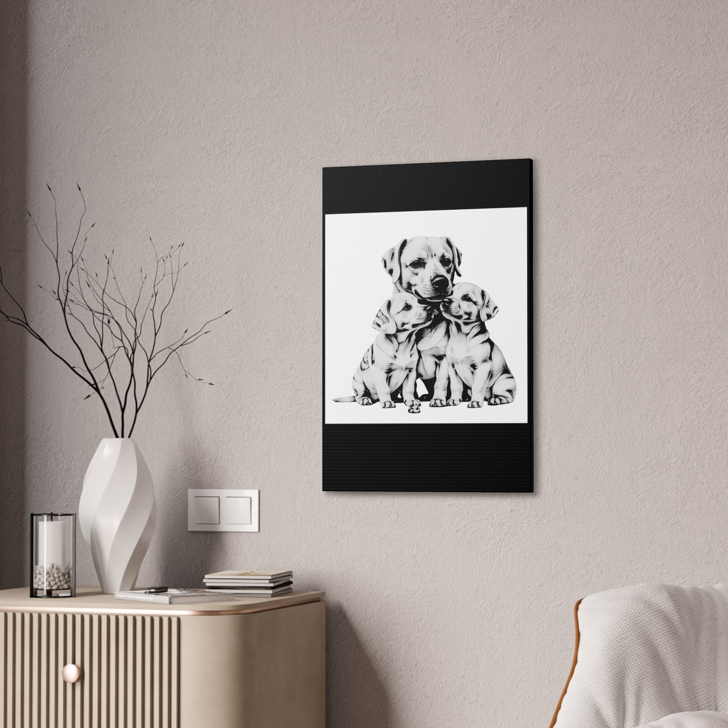 Mother and Puppies Black and White Canvas Wall Art | Eco Limited