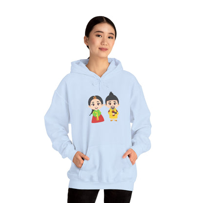 Festive Couple Cartoon Hoodie – Colorful Celebration Style