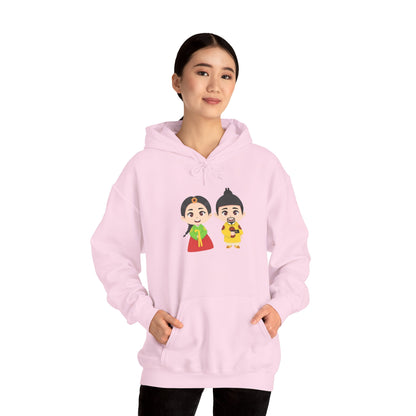 Festive Couple Cartoon Hoodie – Colorful Celebration Style