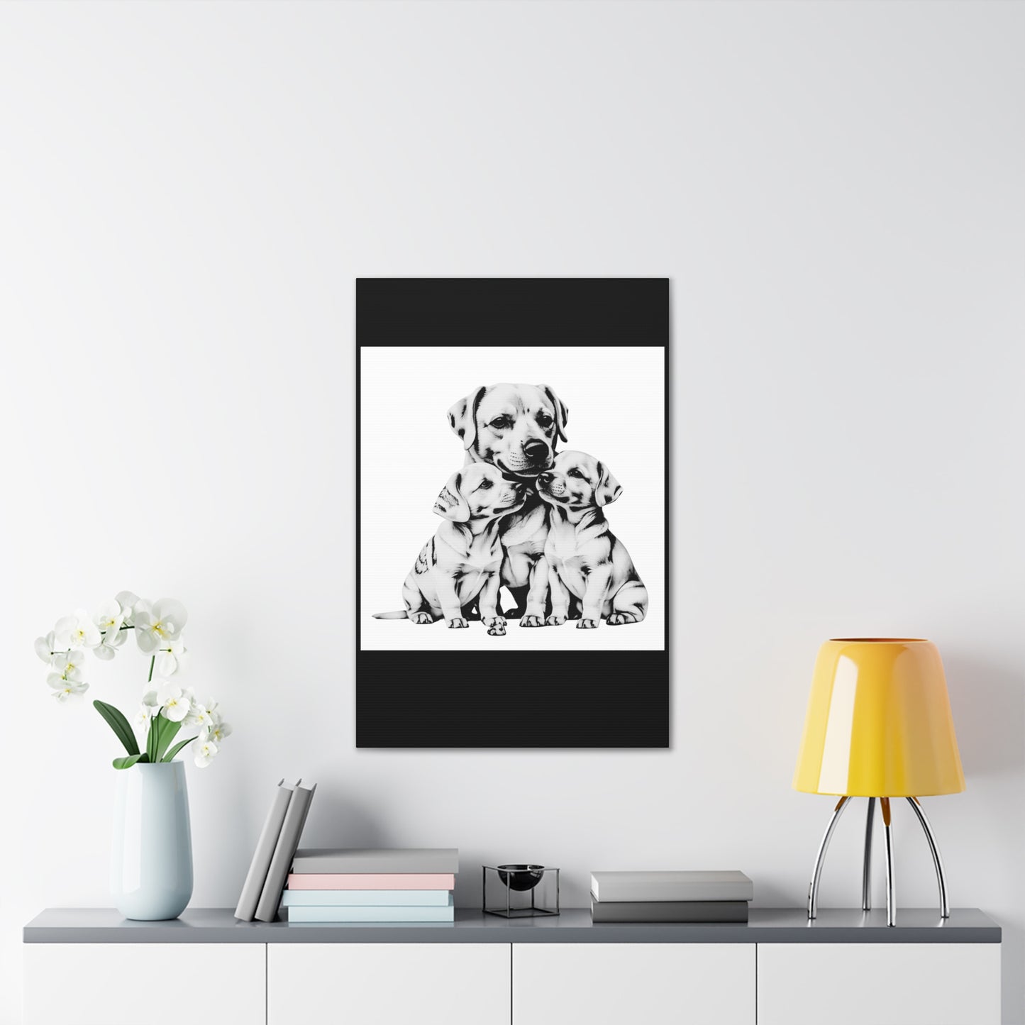 Mother and Puppies Black and White Canvas Wall Art | Eco Limited