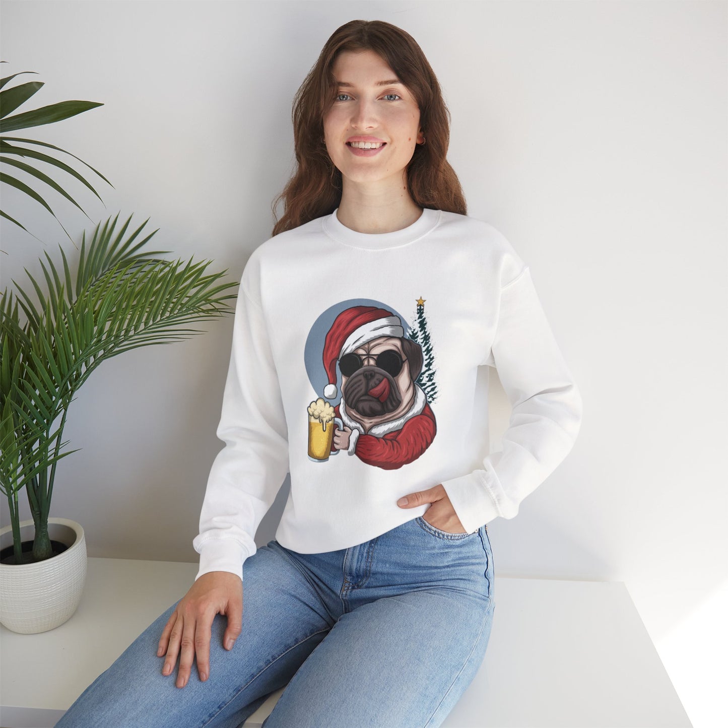 Santa Pug Holding Beer Holiday Crewneck|Eco-Friendly - Limited