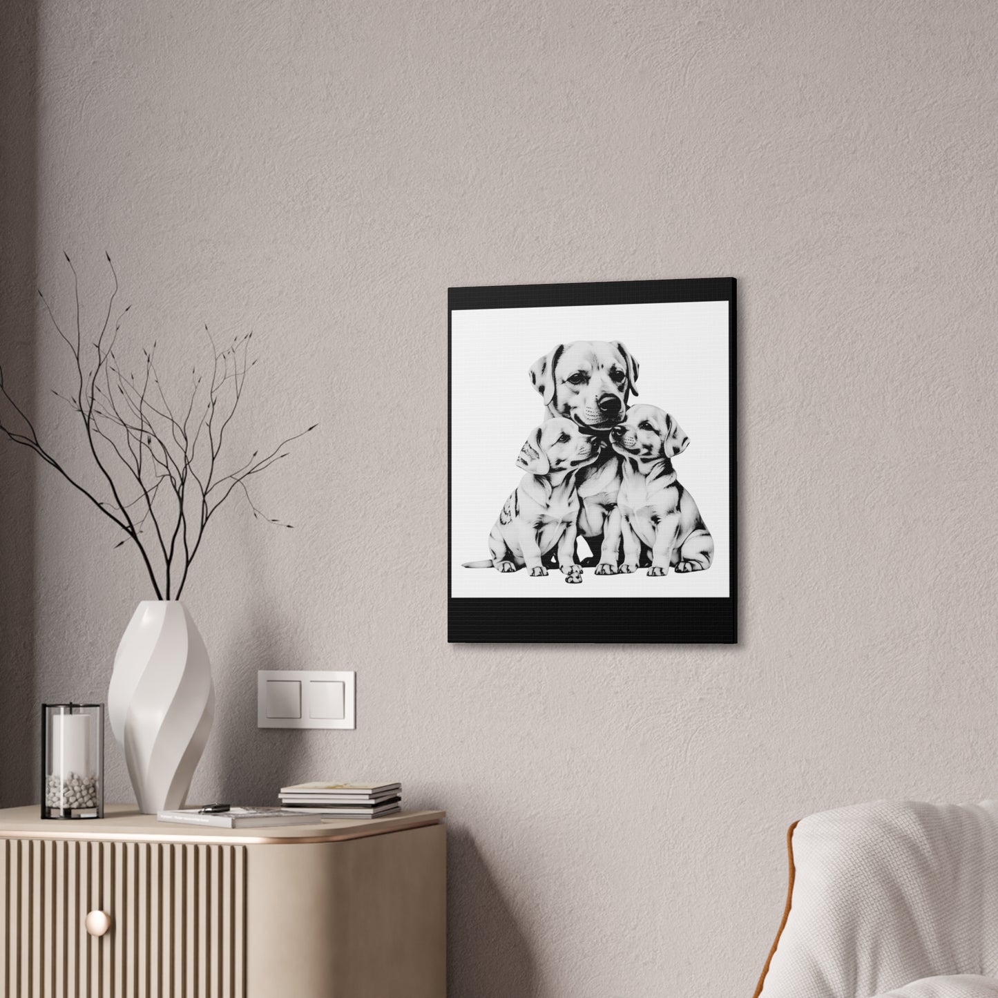 Mother and Puppies Black and White Canvas Wall Art | Eco Limited