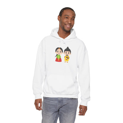Festive Couple Cartoon Hoodie – Colorful Celebration Style