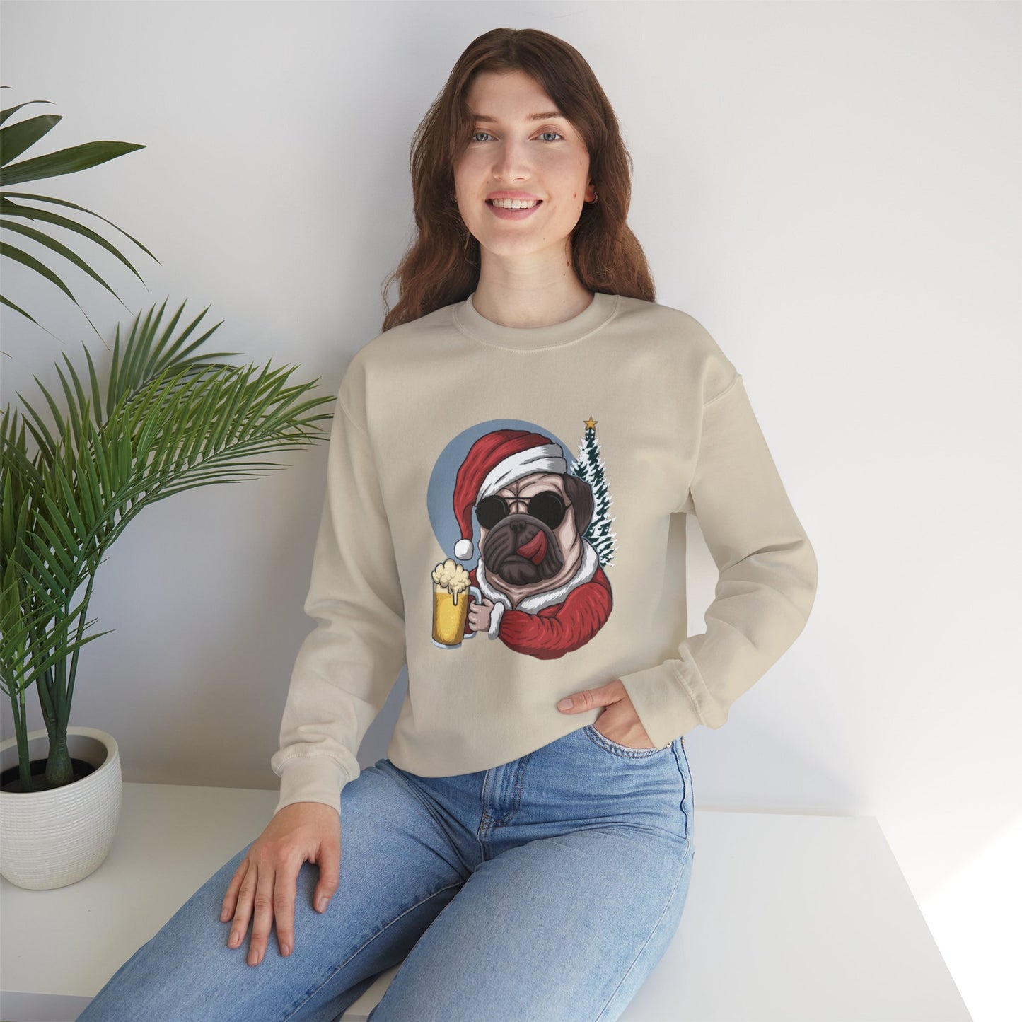 Santa Pug Holding Beer Holiday Crewneck|Eco-Friendly - Limited
