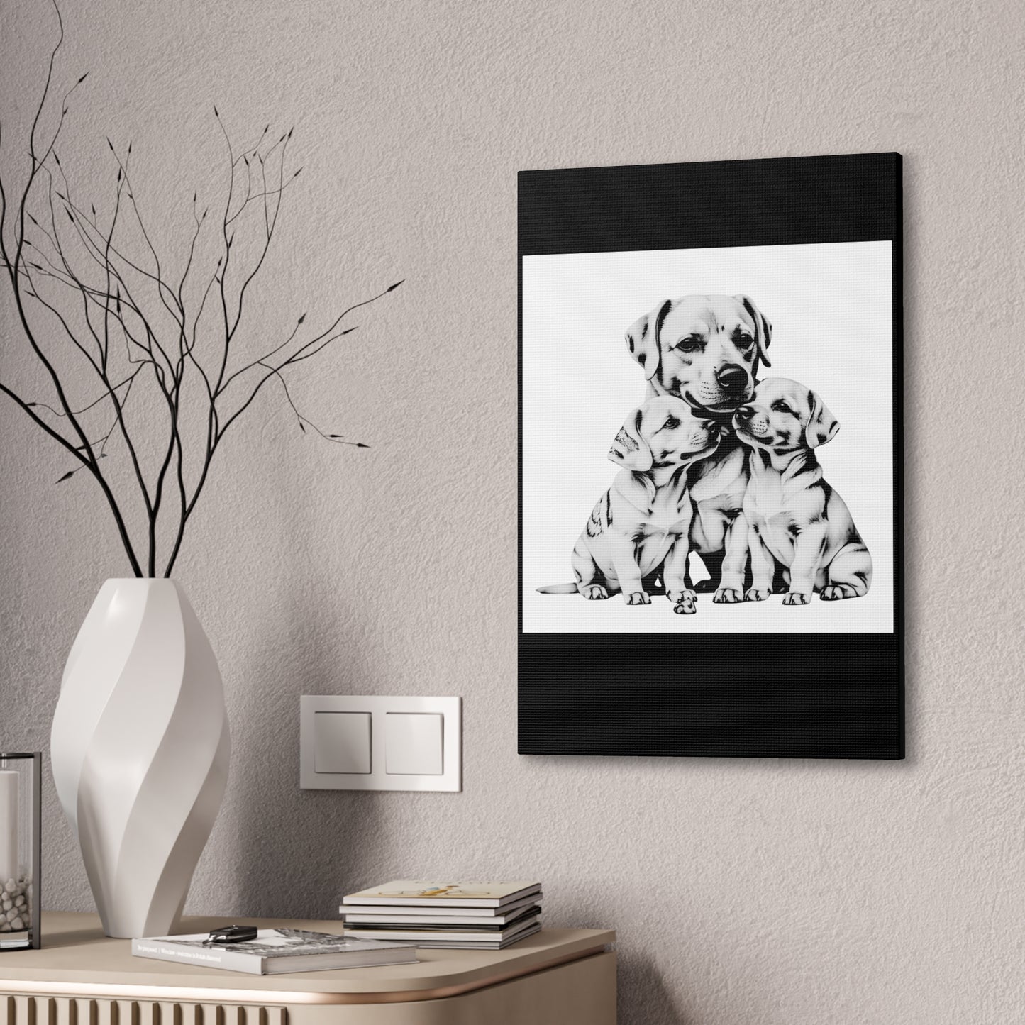 Mother and Puppies Black and White Canvas Wall Art | Eco Limited