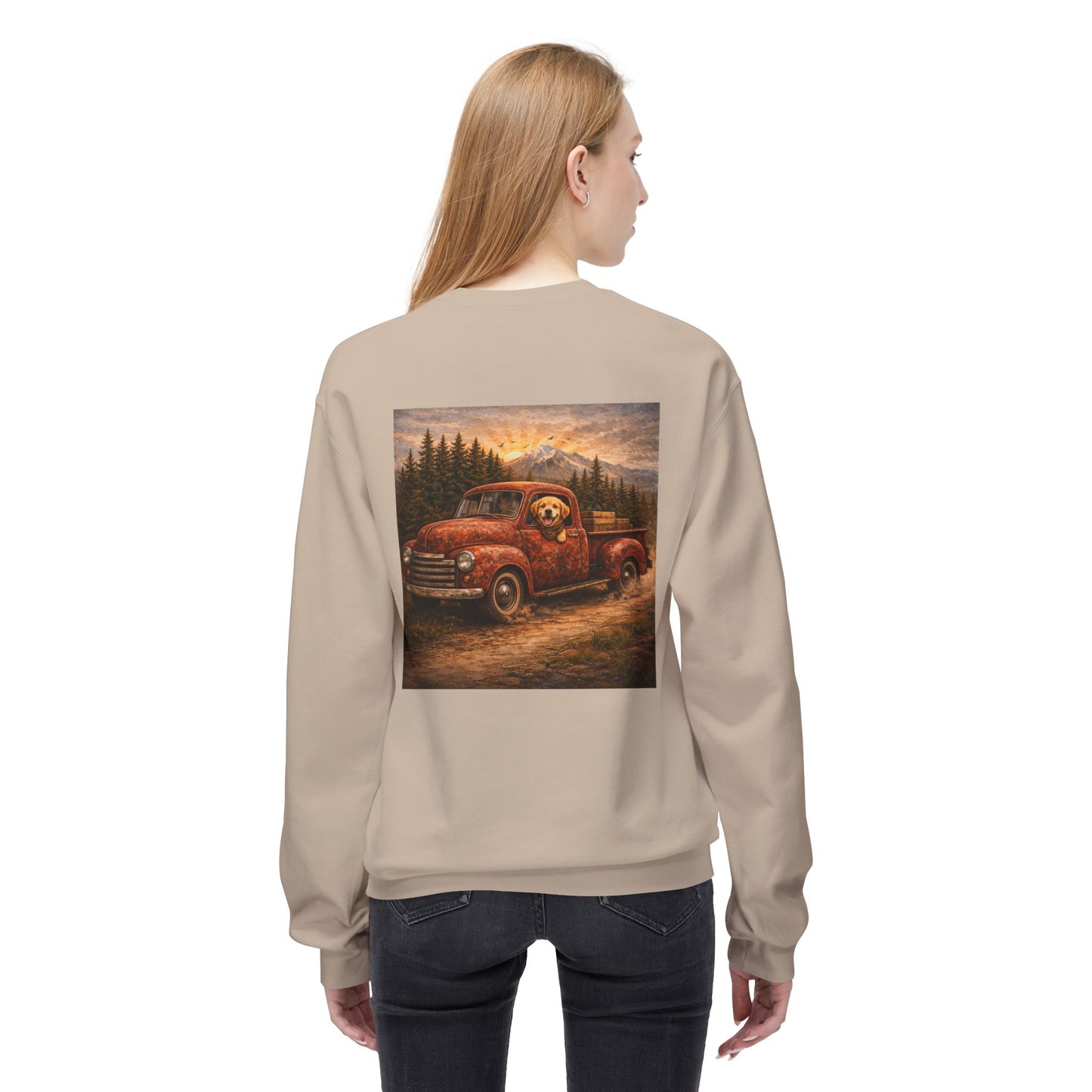 Rustic Dog Truck Front Text Back Art Sweatshirt | Eco - Limited