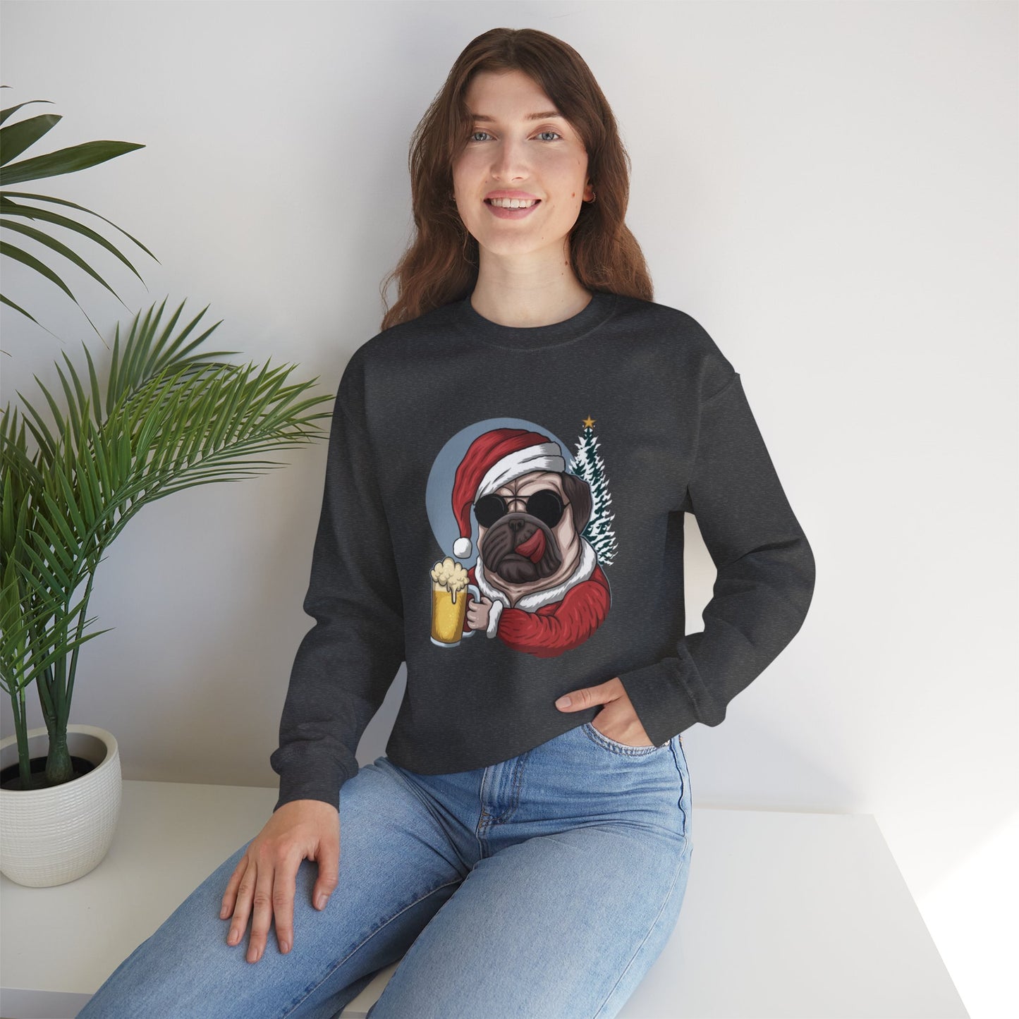 Santa Pug Holding Beer Holiday Crewneck|Eco-Friendly - Limited