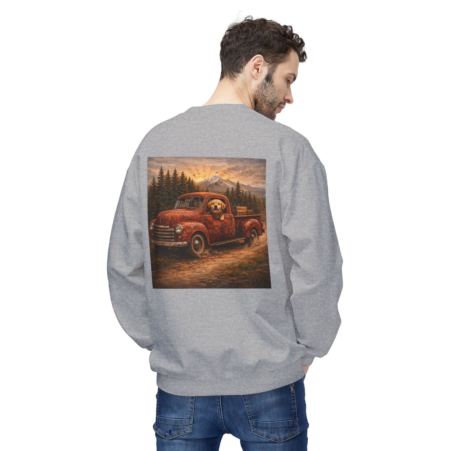 Rustic Dog Truck Front Text Back Art Sweatshirt | Eco - Limited