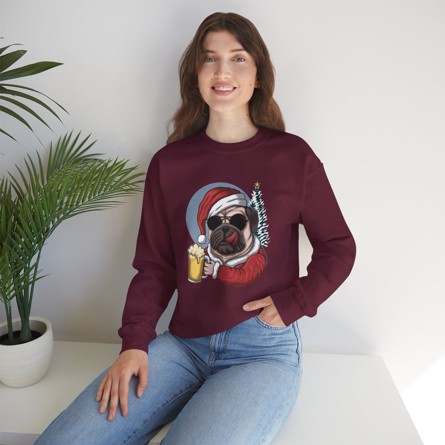 Santa Pug Holding Beer Holiday Crewneck|Eco-Friendly - Limited