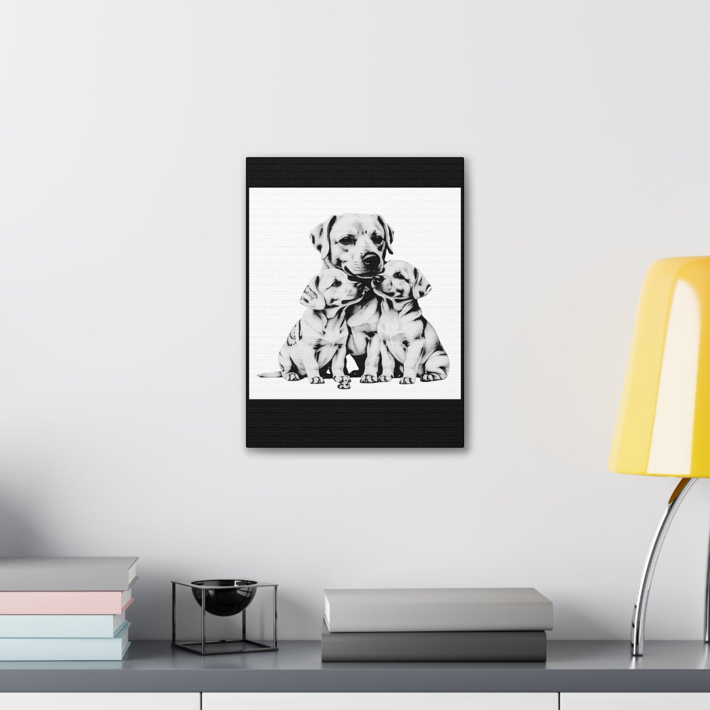 Mother and Puppies Black and White Canvas Wall Art | Eco Limited