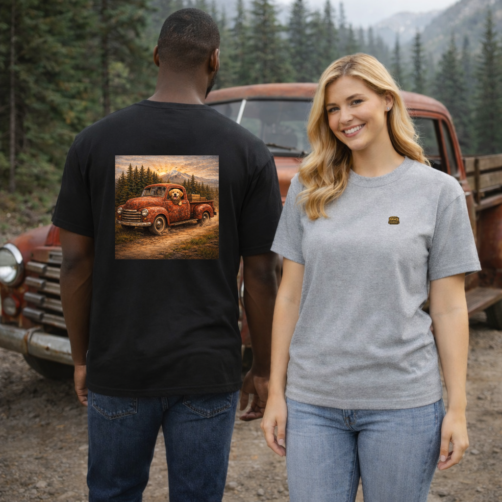 Rustic Dog Truck Front Text Back Art T-Shirt | Eco - Limited